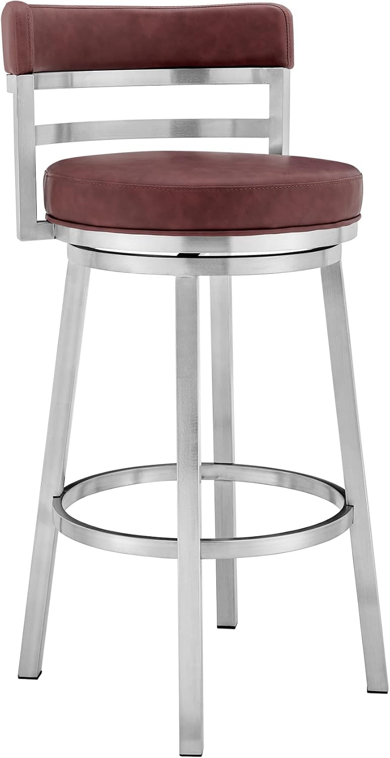 Armen Living Titana 26" Counter Height Swivel Red Faux Leather and Brushed Stainless Steel Bar Stool