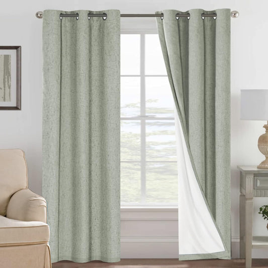 H.VERSAILTEX Primitive Linen Curtains 100% Blackout Curtain Drapes Burlap Fabric Curtains with White Thermal Insulated Liner, Grommet Top Drapes Living Room/Bedroom (2 Panels, 42 x 84 Inch, Sage)