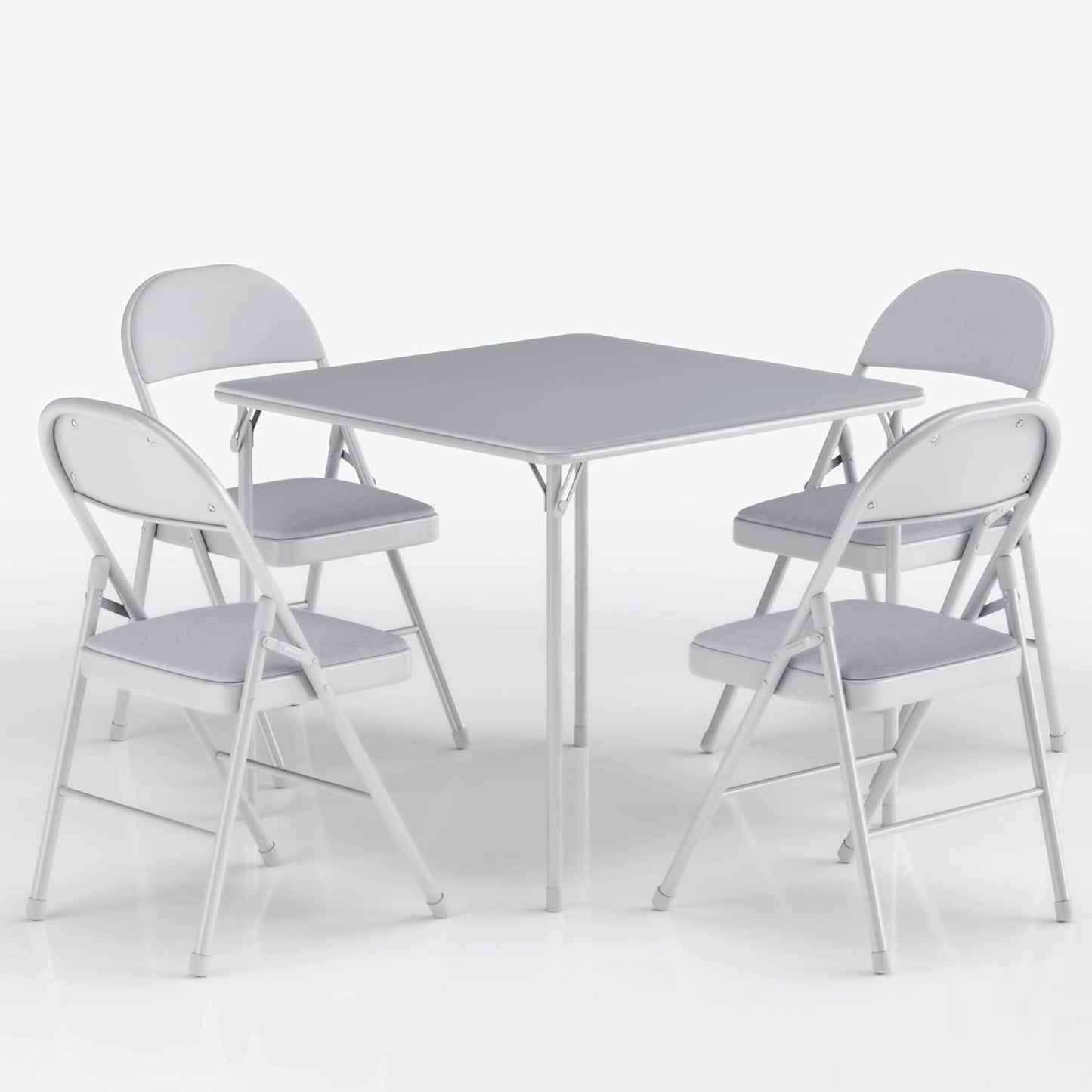 VECELO Portable Folding Card Table Square and Chair Set (5pc) with Collapsible Legs & Vinyl Upholstery, Metal, Grey