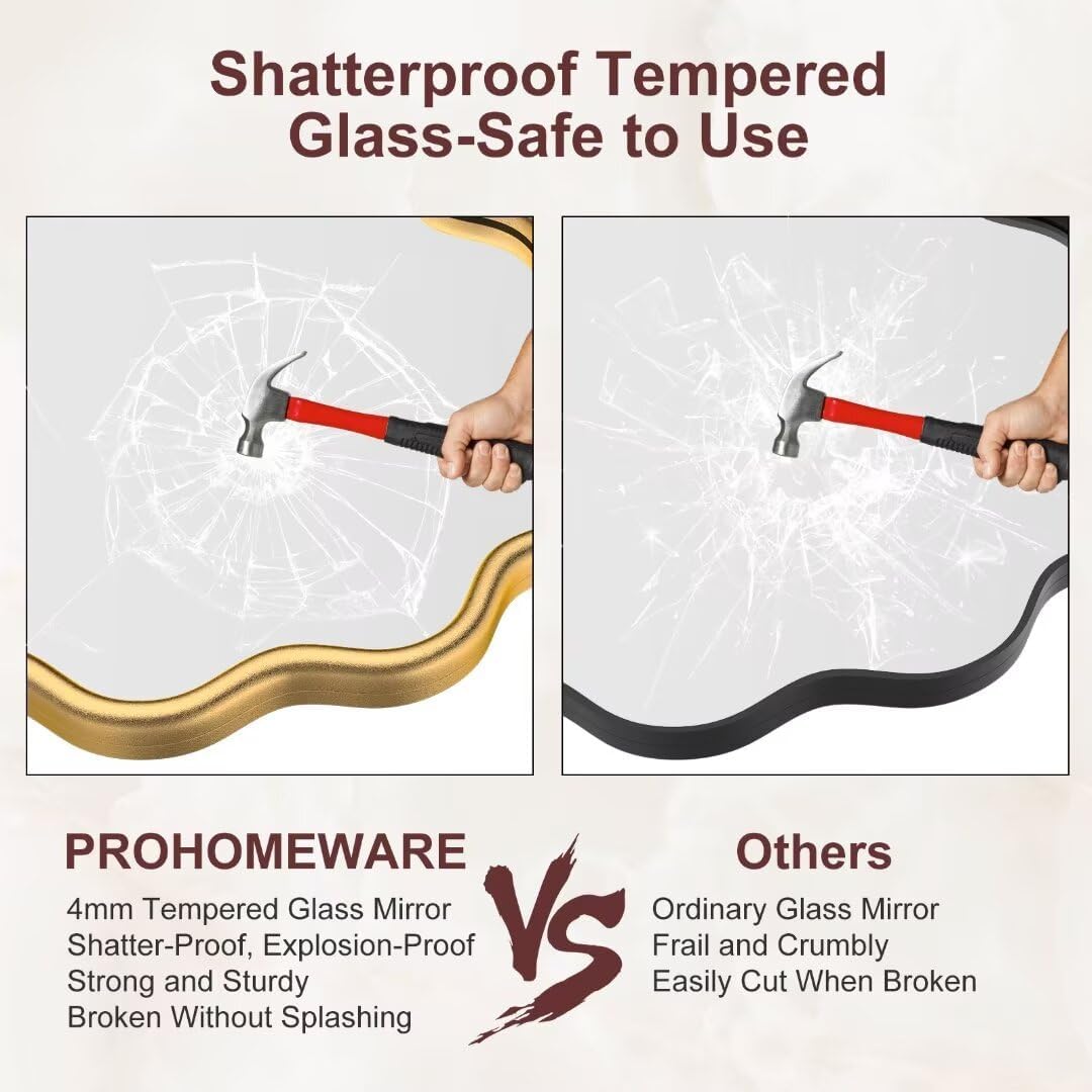 PROHOMEWARE Gold Round Mirror 20 Inch Wavy Bathroom Vanity Mirror Gold Frame Modern Wall Mirror Decorative Wall-Mounte Anti-Rust, Tempered Glass