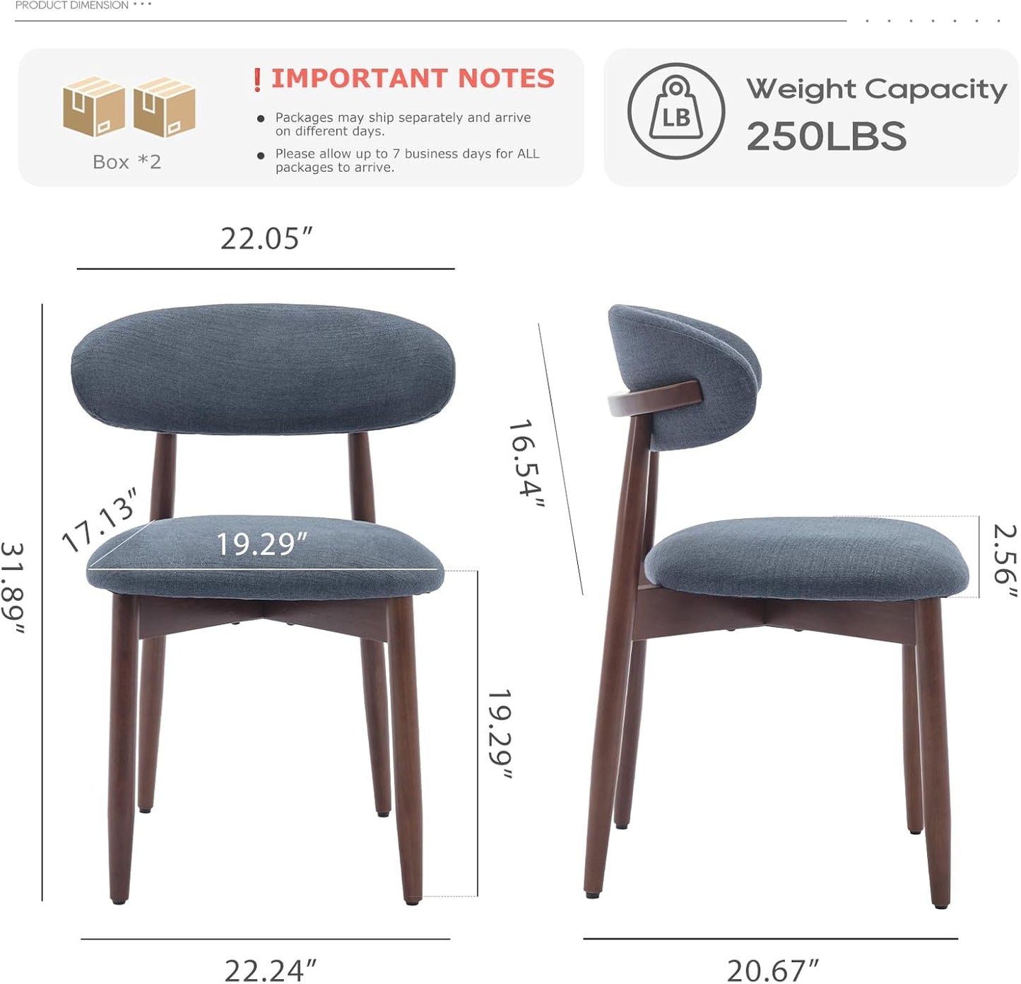 COLAMY Wooden Dining Chairs Set of 4, Modern Fabric Upholstered Kitchen Chairs, Farmhouse Dining Room Chair with Foot Pegs, Blue