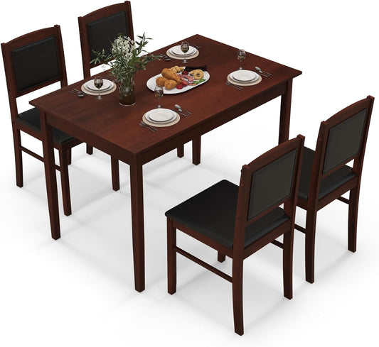 Giantex 5-Piece Dining Table Set for 4 - Breakfast Nook Table Set with Kitchen Table, 4 Upholstered Chairs, Wood Legs, Space-Saving Dinette Set, Kitchen Table Chairs Set of 4 (Cherry Brown)
