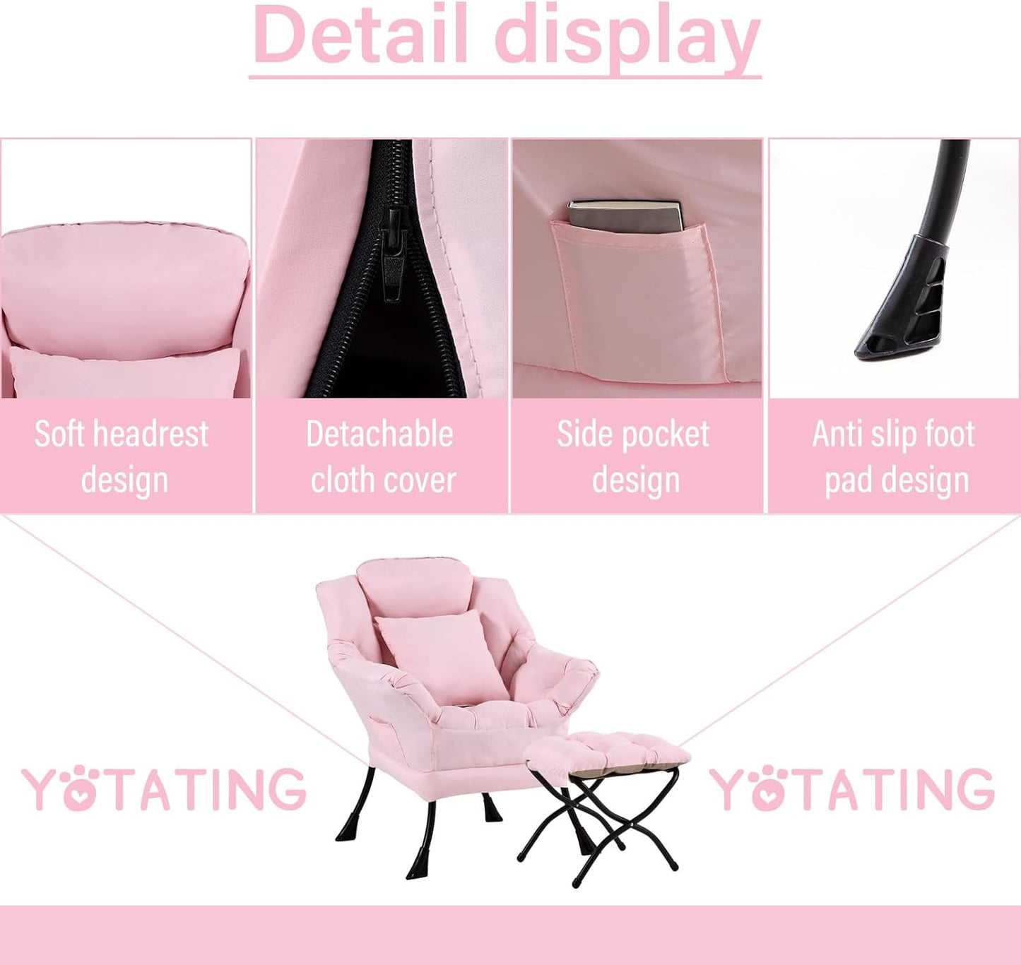 Lazy Chair with Ottoman, Comfy Reading Lounge Chair with Footstool & Throw Pillow Modern with Armrests & Side Pocket for Living Room, Bedroom, Dorm Room, Pink