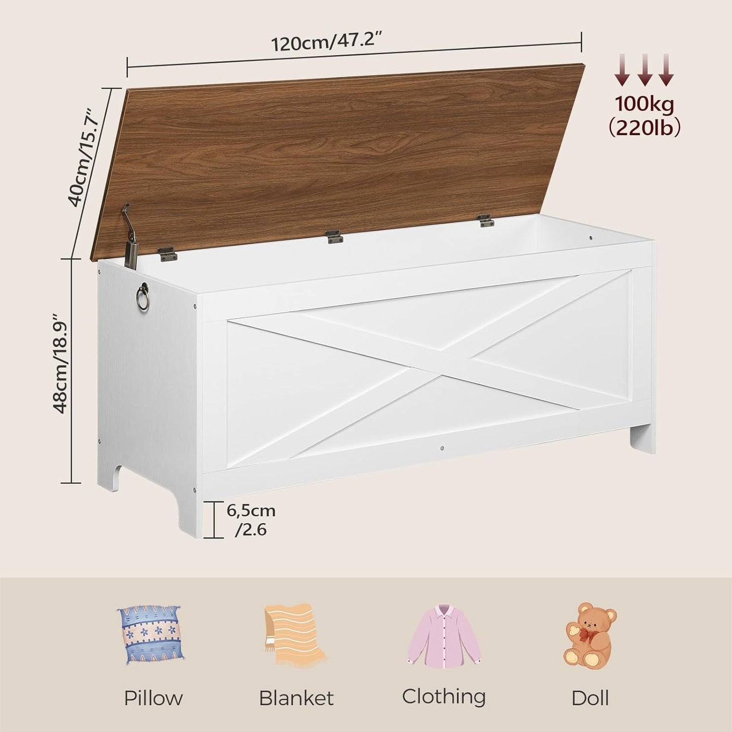47.2" Toy Chest, Sturdy Entryway Storage Chest with Safety Hinge, Retro Toy Box, Wooden Look Accent Furniture for Living Room, Bedroom, White+Walnut SCBZ48801