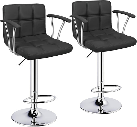 Bar Stools Set of 2,Armrest Adjustable Swivel Barstools with Back,Double Needle PU Leather Counter Height Bar Stools for Kitchen Island, Black