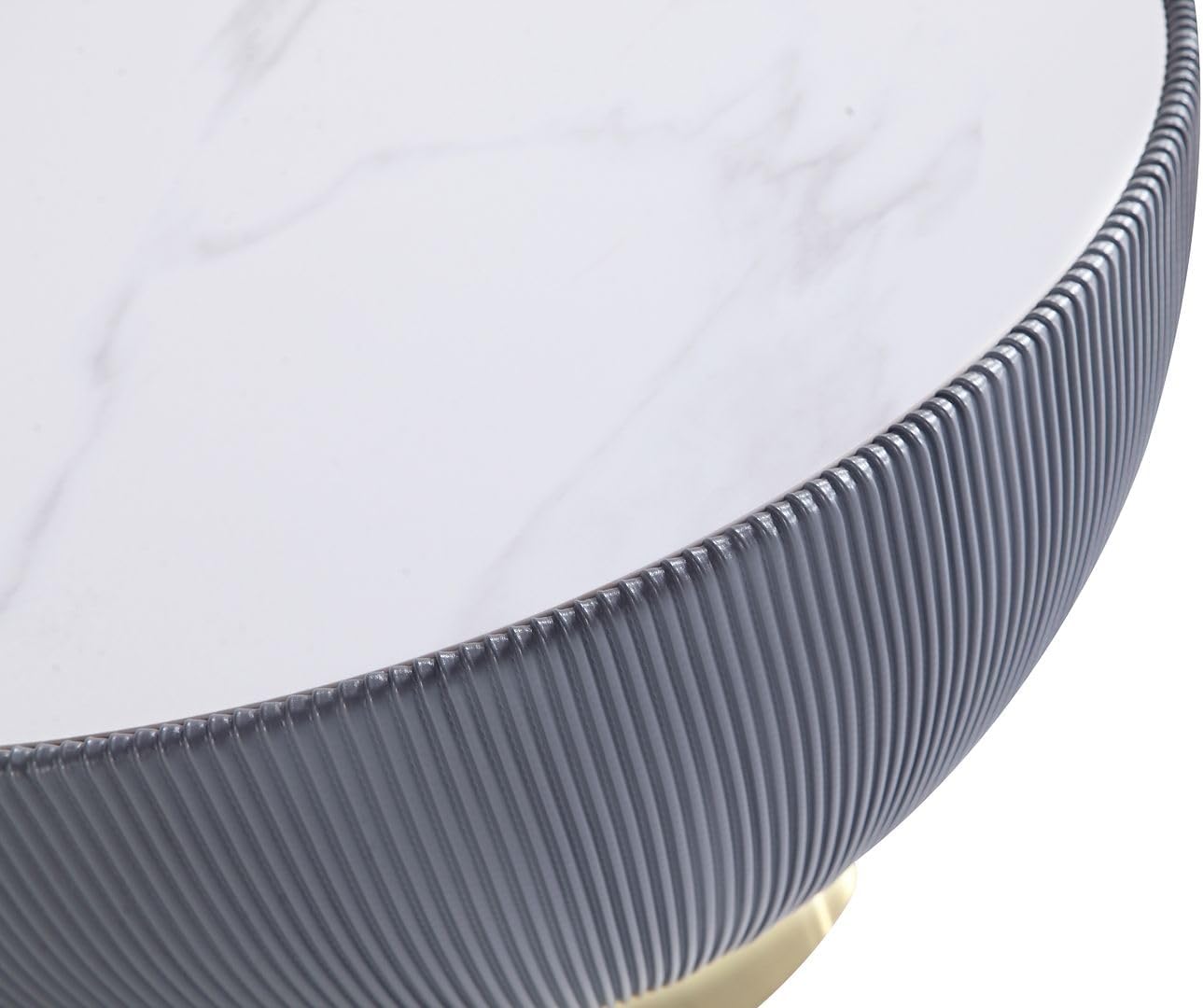 Manhattan Comfort Anderson Modern 28.15" Round Coffee Table 2.0 - Ceramic Marble Tabletop, Elegant Pleated Leatherette Details & Gold Base, Fully Assembled Accent Furniture, Set of 1, Grey