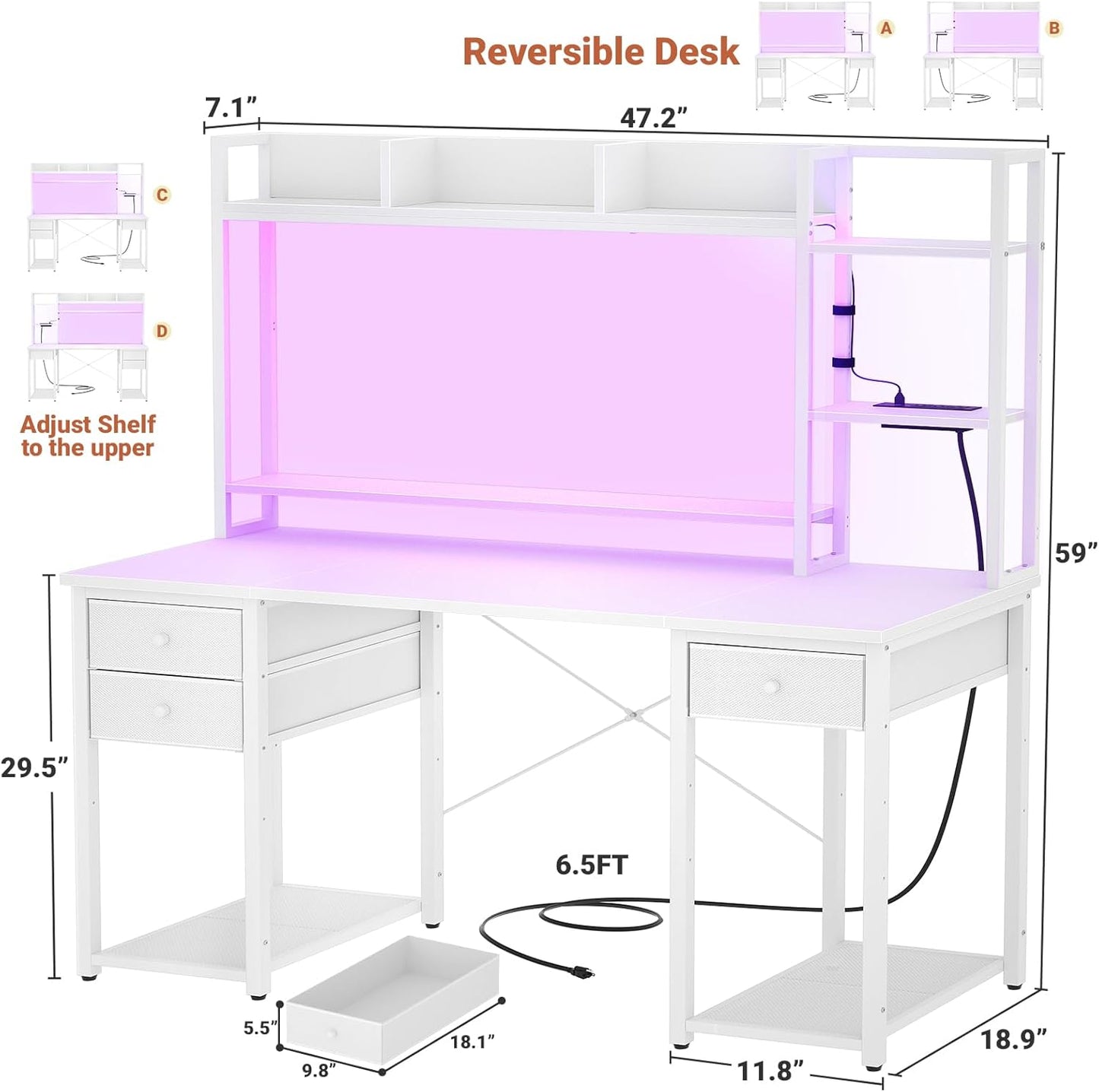 Aheaplus Desk with LED and Outlets, Gaming Desk with Hutch, 47.2'' Computer Desk with Drawers, Reversible Office Desk with Storage Bookshelf Large Workstation Desk with Shelf, Desk for Home, White