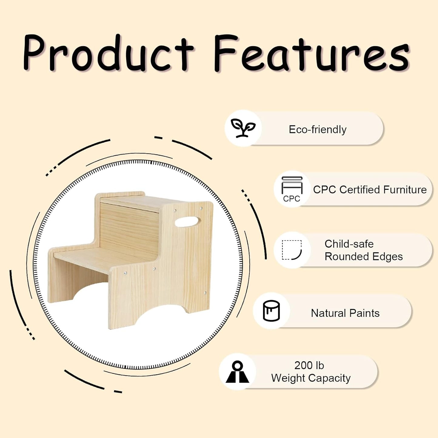 WOOD CITY Toddler Step Stool for Kids, Wooden Two Step Children's Stool with Handles, Bonus Non-Slip Pads for Safety, Bathroom Potty Stool & Kitchen Step Stools Dual Height