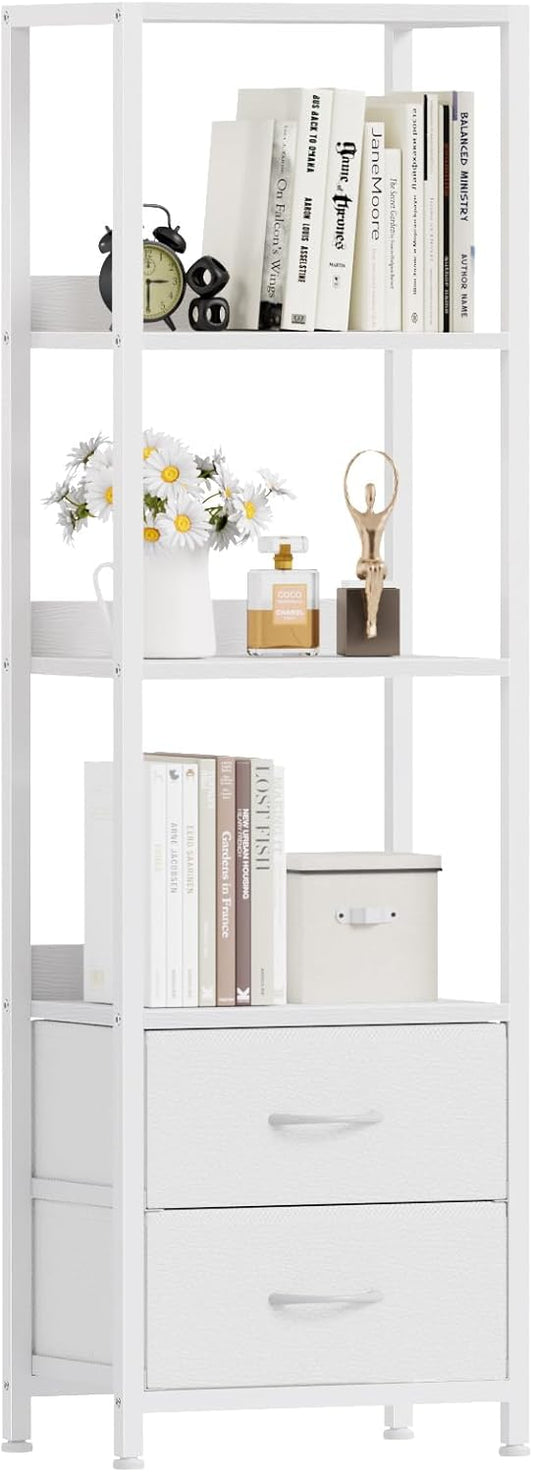 Furnulem 4-Tier Corner Shelf, Bookshelf with 2 Storage Drawers, 57.28”Tall Narrow Bookcase, Standing Shelf Organizer Unit for Living Room, Bedroom, Metal Frame, Wood Display Shelf