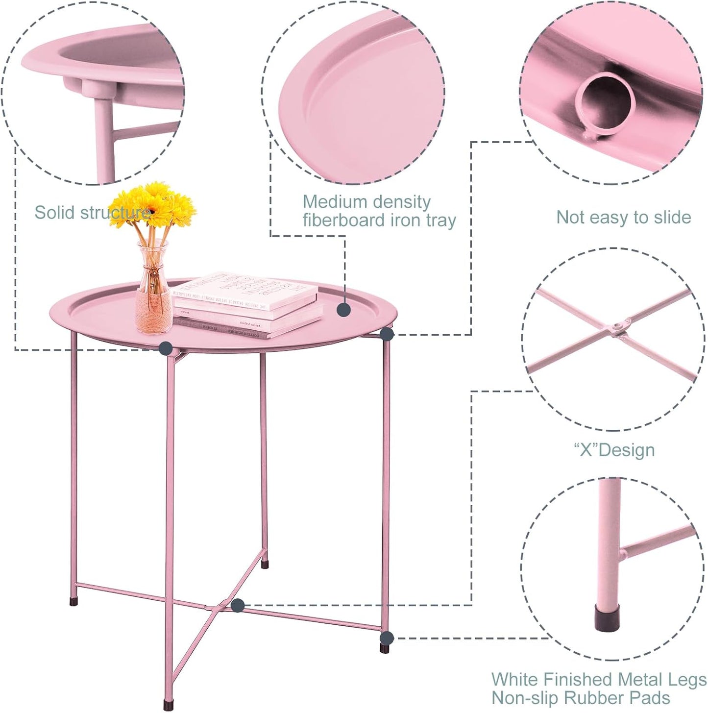 Garden 4 you End Table Set of 2, Outdoor Side Table, Small Patio Table Metal Side Table, Round Folding Side Table, for Outdoor and Living Room,Pink