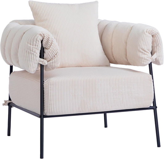 HollyHOME Modern Velvet Accent Chair, Upholstered Comfy Reading Chair, Fabric Large Lazy Arm Chair with Soft Cushion, Metal Frame Lounge Sofa Chair for Living Room, Bedroom, Balcony, Beige