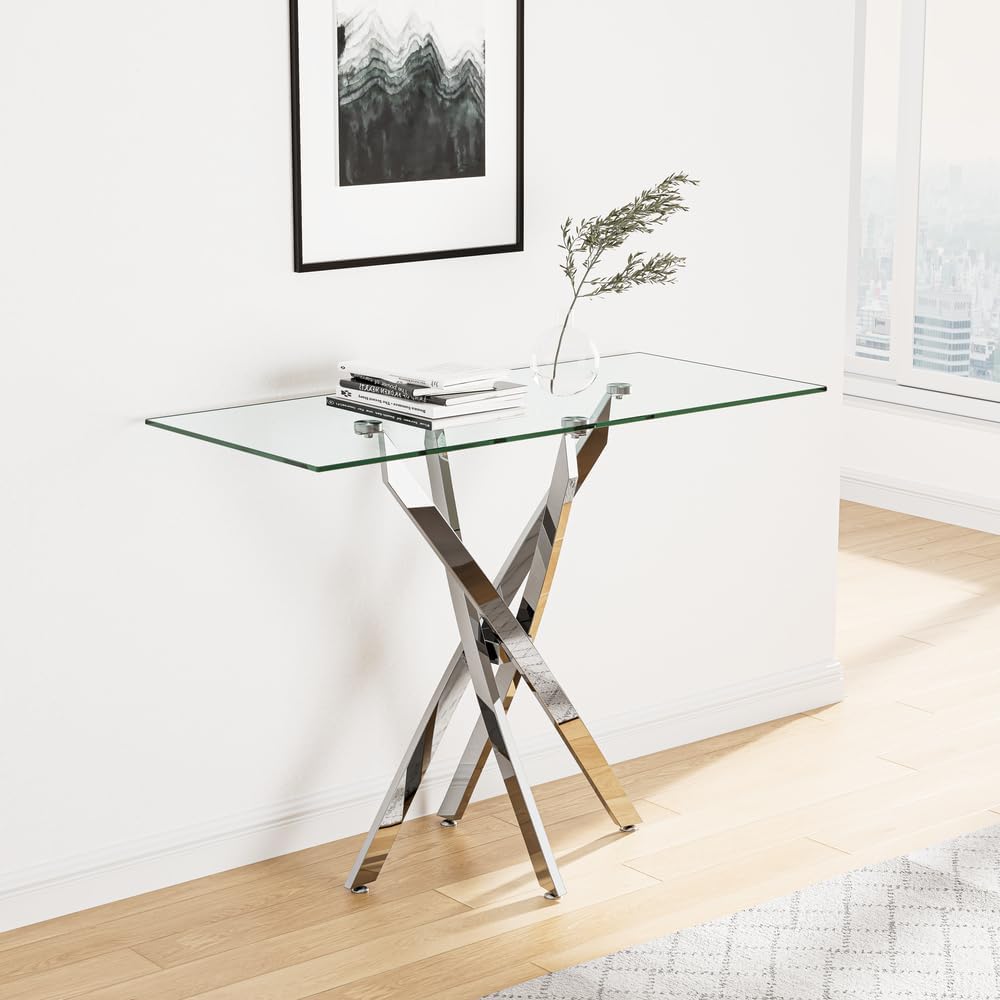 Tempered Glass Console Table with Chromed Legs, Modern Narrow Sofa Table for Hallway Entryway (Sliver, 47"x18"x30")