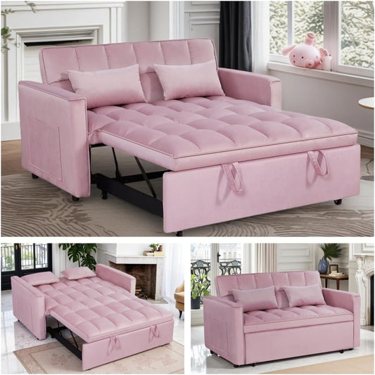 3 in1 Sofa Bed, Pull-Out Sleeper Sofa Bed with 3-Level Adjustable Backrest, Velvet Fabric Convertible Love Seat Sleepers Beds for Living Room & Bedroom & Apartment, Pink