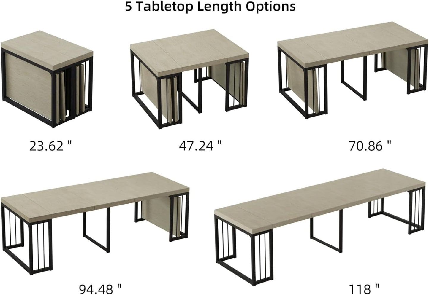 KEIKI 23.62" - 118" L Extendable Foldable Dining Room Table for 2-10 People, Wood Modern Rustic Rectangle Expandable Kitchen Living Meeting Room Furniture, 5 Tabletop Length Options