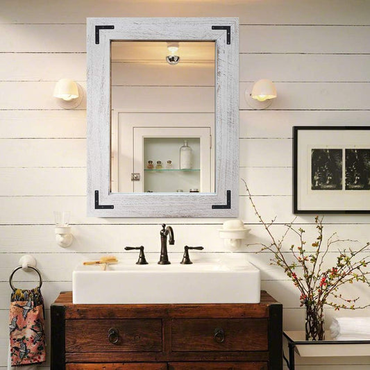 YOSHOOT Rustic Wooden Framed Wall Mirror, Natural Wood Bathroom Vanity Mirror for Farmhouse Decor, Vertical or Horizontal Hanging, 32" x 24",White Grey
