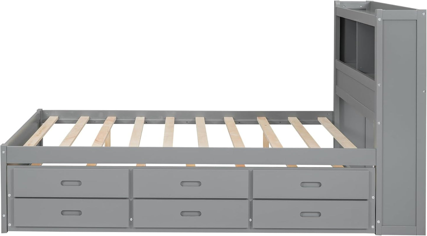 Full Size Pine Wood Platform Bed with Trundle,Drawers,2 Ports and 2 USB Plugs,Storage Bed with Pull Out Shelves,No Box Spring Needed,Perfect for Adults,Teens Bedroom Furniture,Gray