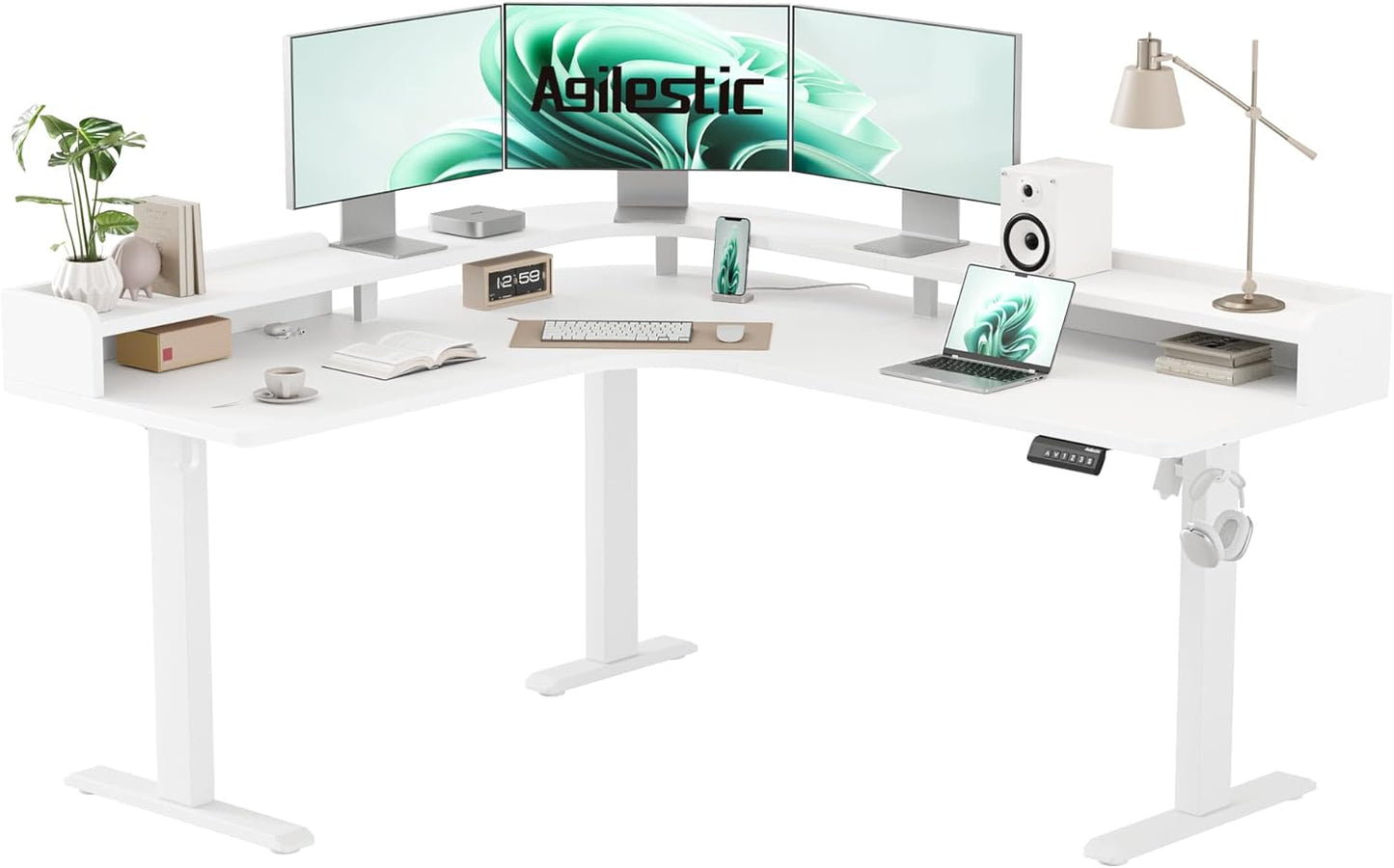 Agilestic L Shaped Standing Desk, Corner Desk with Monitor Shelf, Adjustable Height Gaming Table, Sit Stand Up Table, 63 x 55 Inch Home Office Computer Workstation, Splice Board, White
