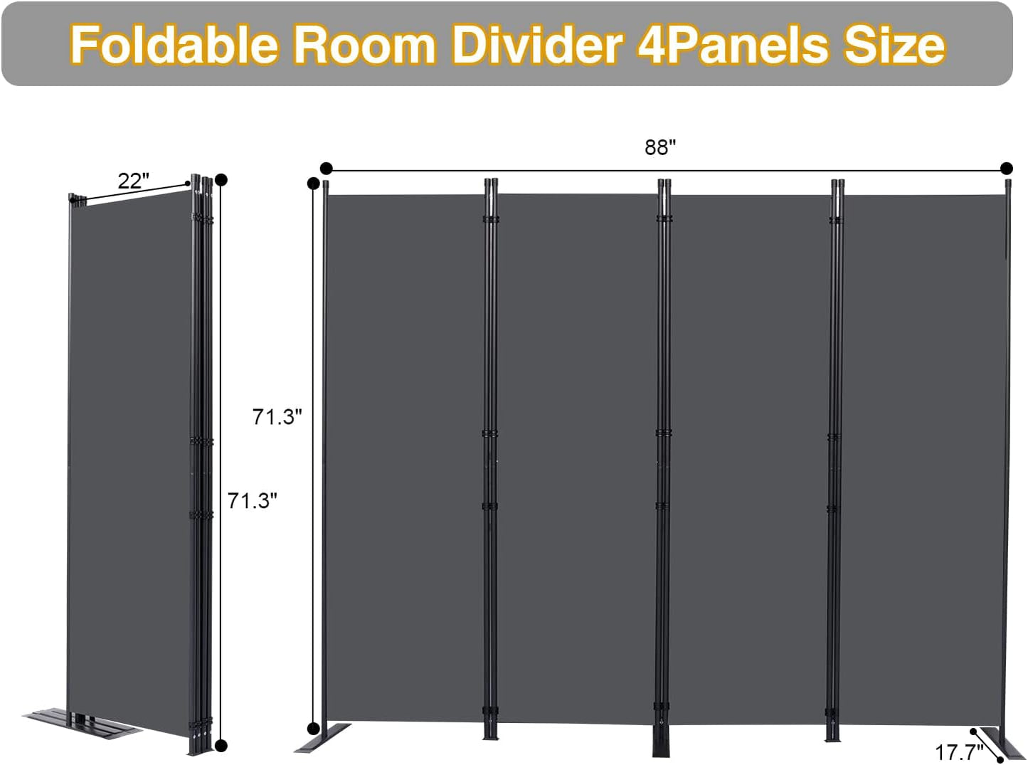 Wall Divider, 4 Panel Room dividers and Folding Privacy Screens with Wider Support Feet, 6 Ft Portable Privacy Screen for Room Separator, 88" W X 71" H, Grey