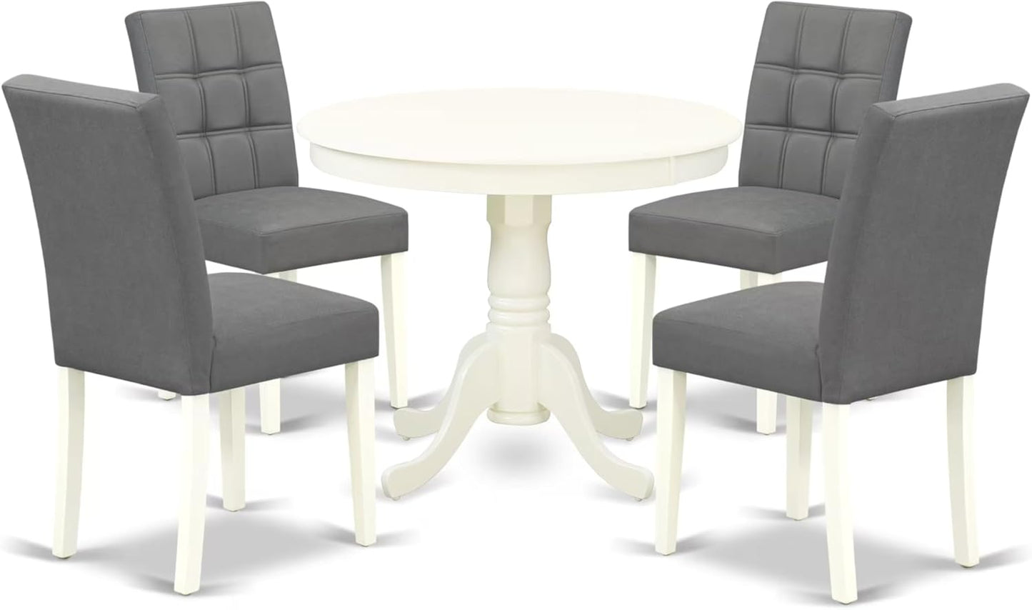 East West Furniture ANAS5-LWH-41 5 Piece Dining Table Set contain A Dinner Table and 4 Platinum Gray Polyester Fabric Kitchen Chairs with Stylish Back- Linen White Finish