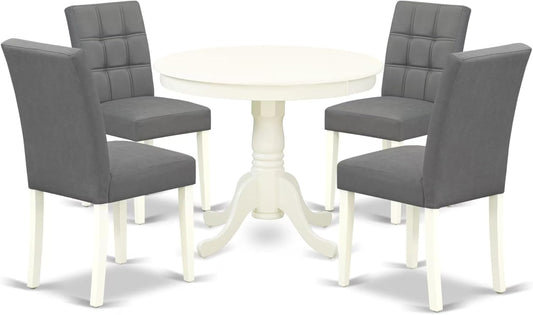 East West Furniture ANAS5-LWH-41 5 Piece Dining Table Set contain A Dinner Table and 4 Platinum Gray Polyester Fabric Kitchen Chairs with Stylish Back- Linen White Finish