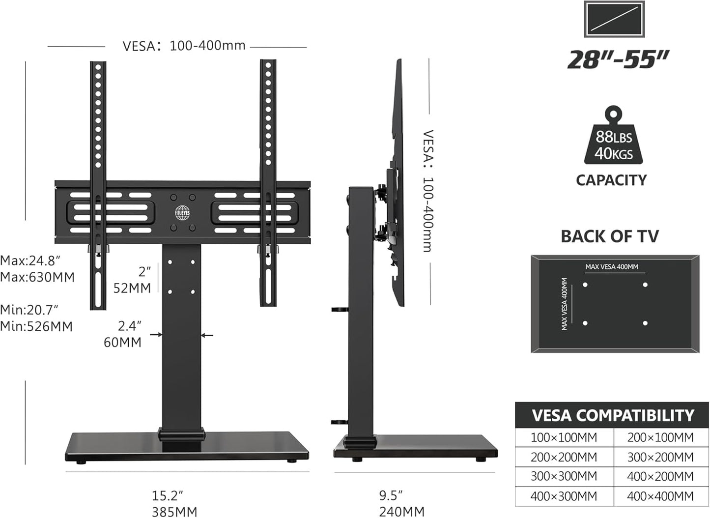 FITUEYES Universal TV Stand, Swivel TV Table Stands for 27-55 Inch Flat Screen, Tabletop TV Stand with Mount for Bedroom/Living Room, Height Adjustable, Holds up to 88 lbs, Glass Base, Black