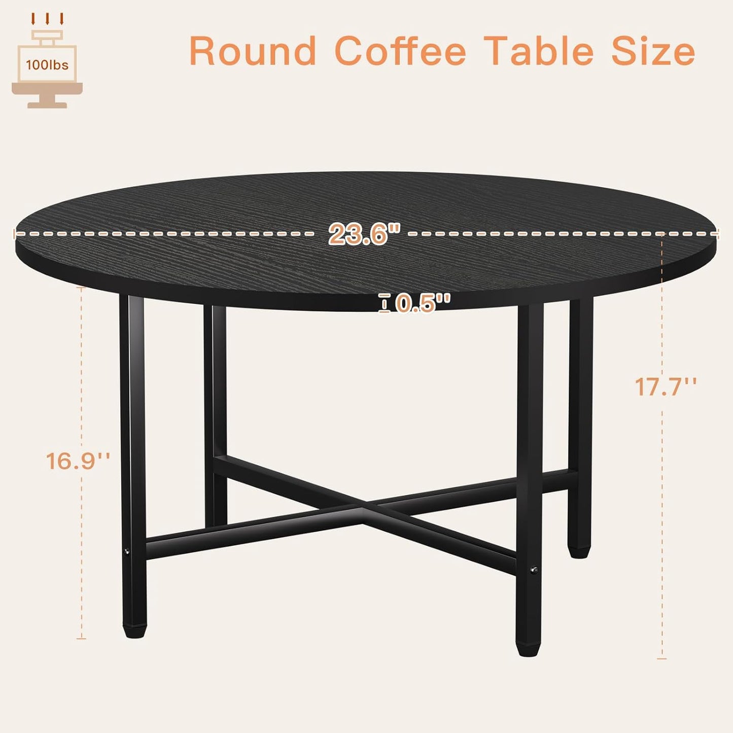 Coffee Table, 23.6" Coffee Tables for Living Room, Round Coffee Table with Metal Frame, Floor Table for Sitting on The Floor, Home, Office, Black