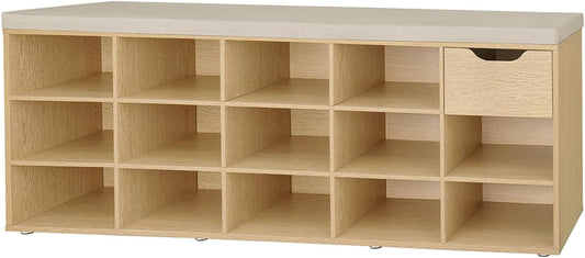 DINZI LVJ Shoe Bench, Entryway Storage Bench with Drawer and 14 Cubbies, Long Cubby Shoe Rack with Adjustable Shelves, Shoe Organizer for Living Room, Bedroom, Mudroom, Garage,Natural