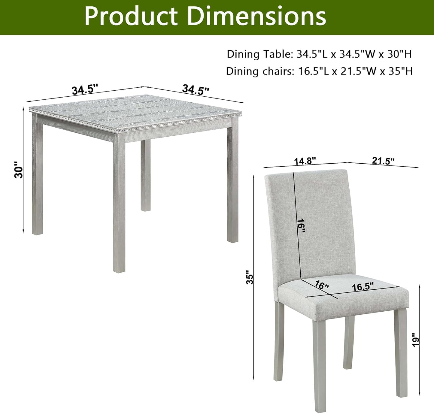 Ball & Cast 5 Piece Dining Table Set,Kitchen Table Set for 4 W/ 34.5" Square Wooden Dining Table,Living Room Furniture W/ 4 Upholstered Chairs,for Dining Room,Kitchen,Restaurant,Silver Gray