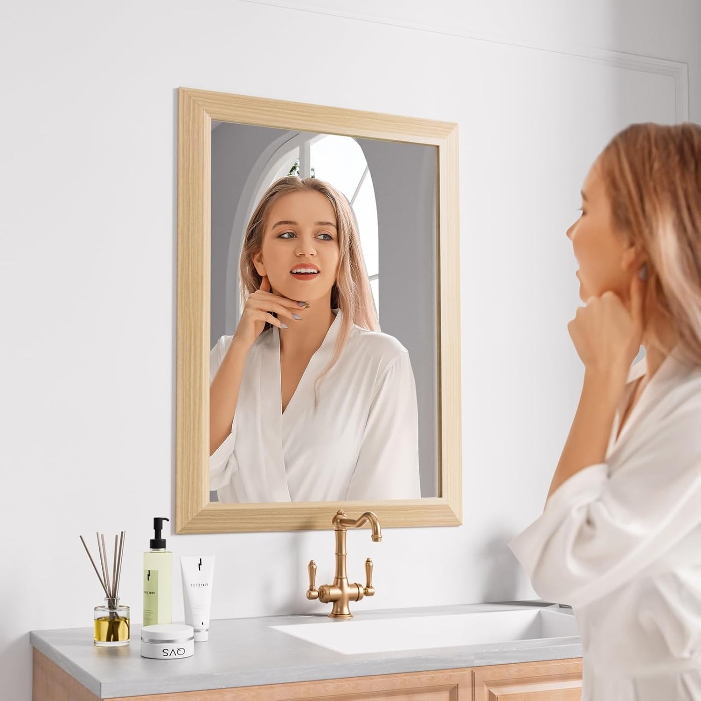 Amorho 22 X30 Inch Bathroom Mirror for Wall, Oak Wood Grain Metal Framed Mirror, Anti-Rust, Hang Horizontally/Vertically, Suitable for Bedroom, Farmhouse, Bathroom, Decorative