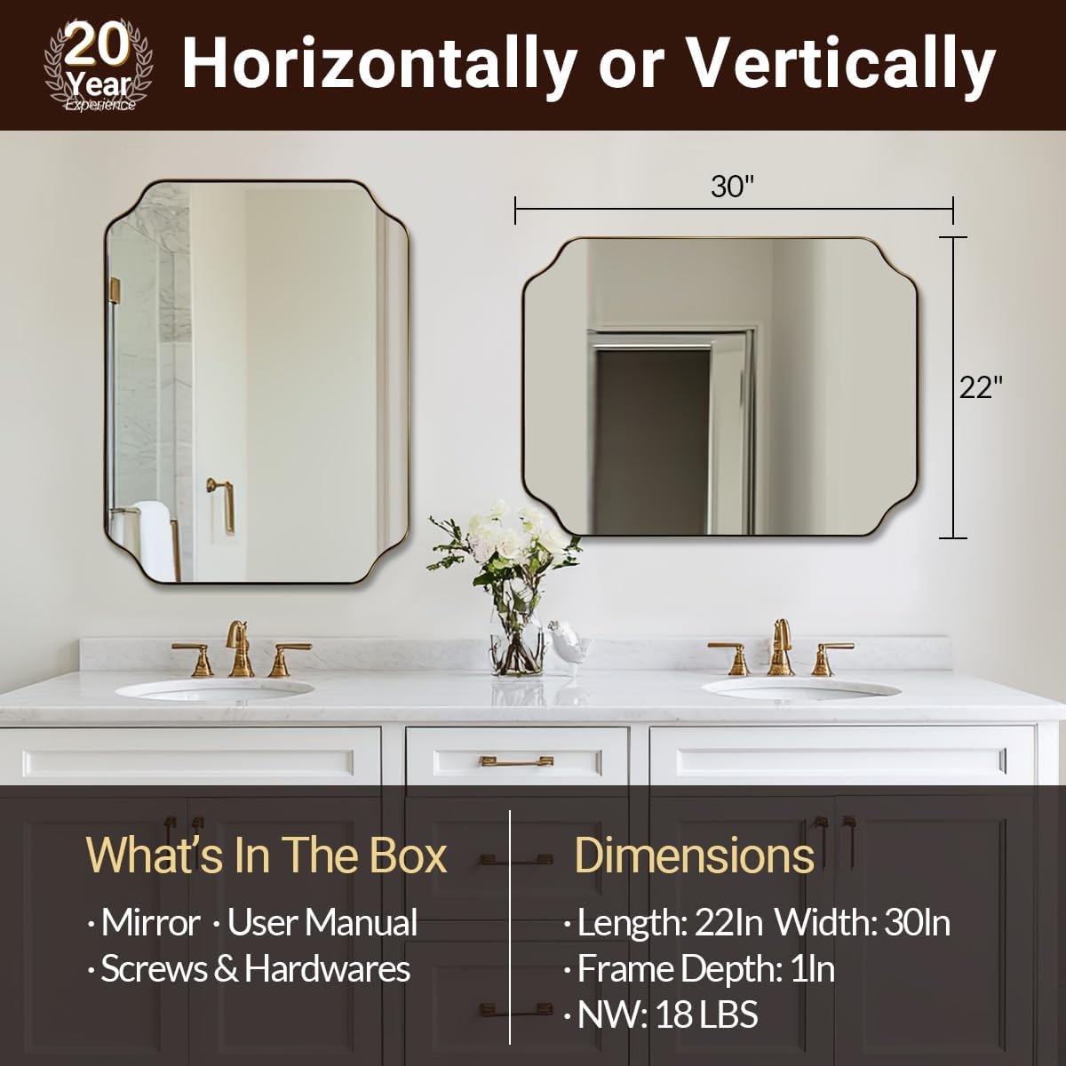 ANDY STAR Brushed Gold Mirror, 22"x30" Bathroom Vanity Mirror, Rounded Rectangle Bathroom Mirror with Rust-Proof Stainless Steel 1" Frame, Wall Mounts Horizontally or Vertically