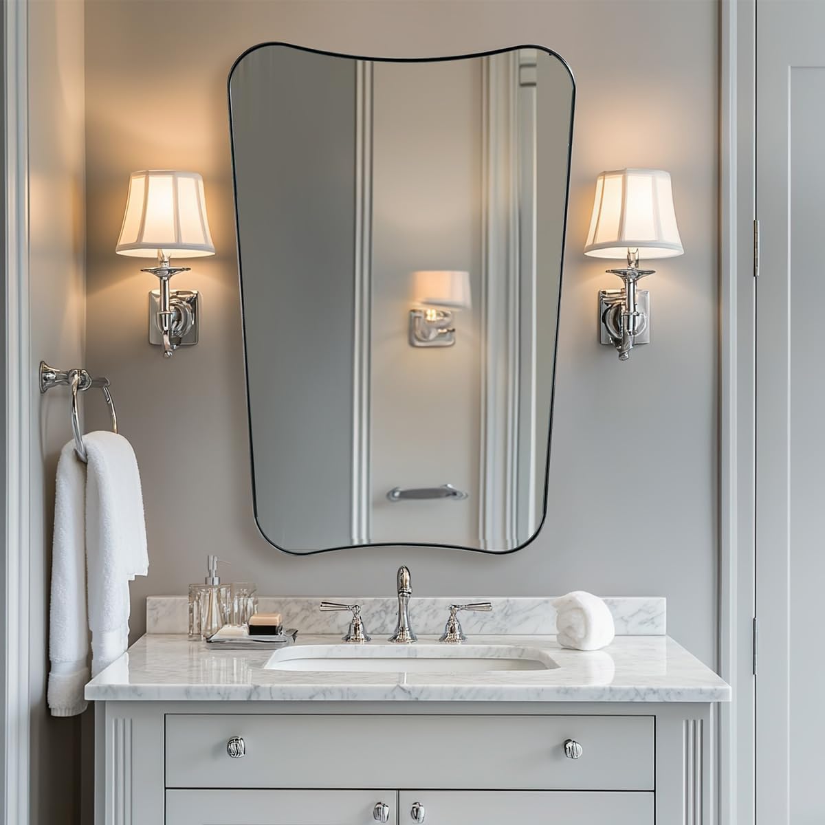 ANDY STAR 26x38 Inch Bathroom Mirror, Brushed Nickel Asymmetrical Mirror, Large Decorative Mirror, Modern Bathroom Mirror with Sophisticated Design, Wall Mount Vertically Only