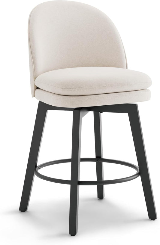 Counter Height Barstools 26 inch Upholstered Swivel Bar Stools with Back and Wood Legs for Kitchen Island,Set of 1,Beige Fabric-Armless