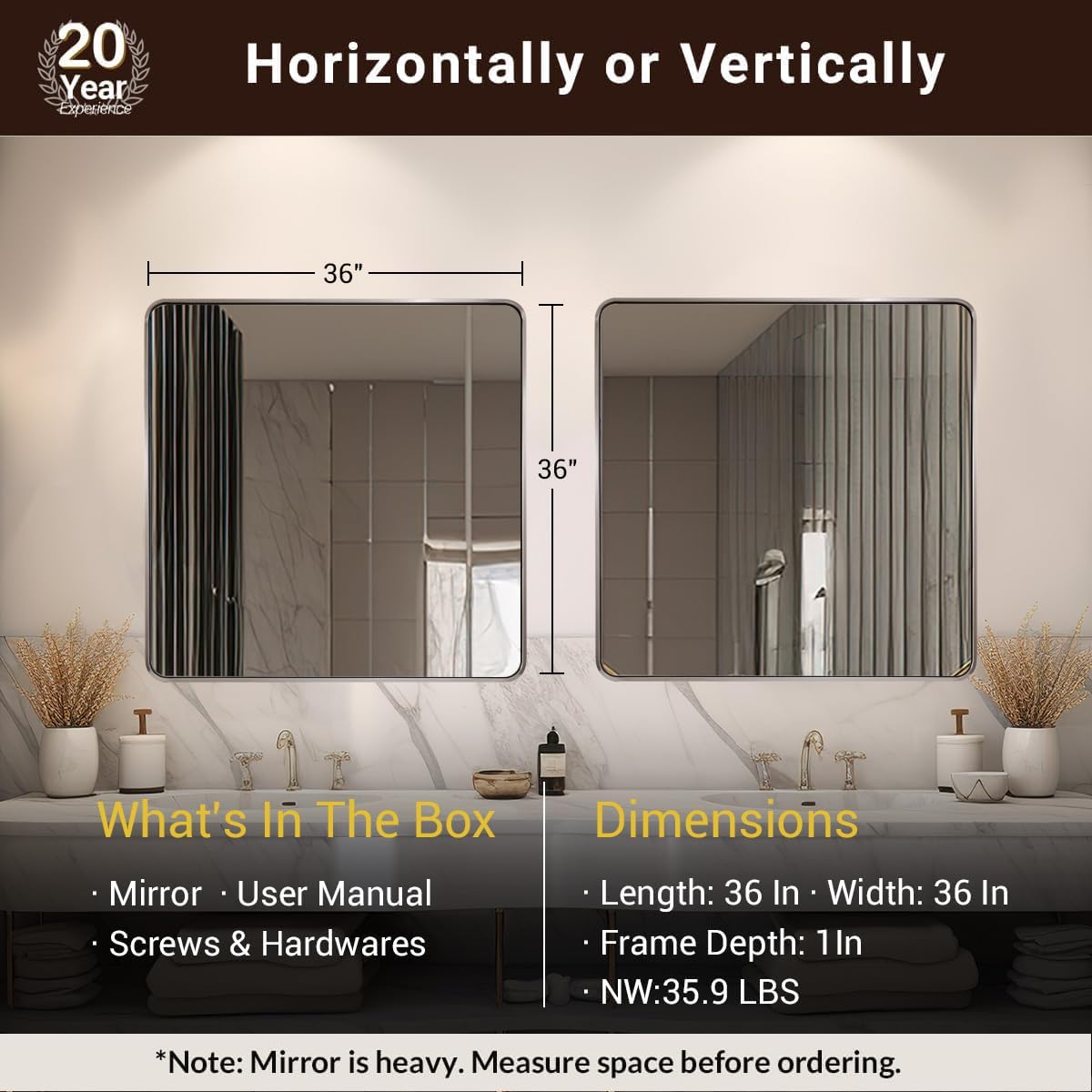 ANDY STAR 36x36 Inch Brushed Nickel Bathroom Mirror, Rounded Square Bathroom Vanity Mirrors for Wall, Anti-Rust SUS304, Seamless Tube Metal Frame, 1’’ Deep Wall Mounted Vertically/Horizontal