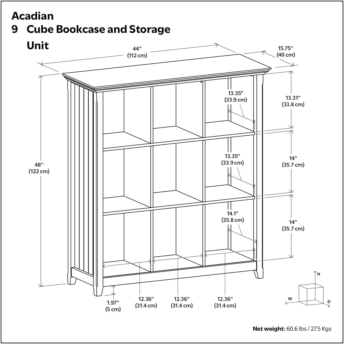 SIMPLIHOME Acadian Bookcase - 44 inch Tall 9-Cube Solid Wood Cube Organizer in Light Golden Brown, Transitional Bookcase Storage for Living Room, Study or Office with Fixed Shelves and Tapered Legs
