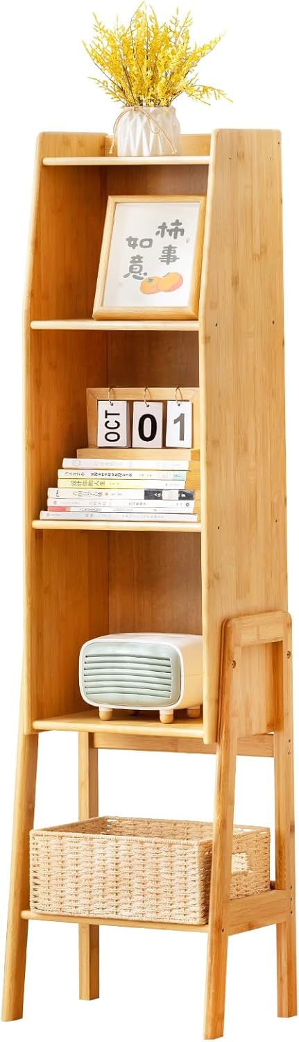 Welnow Bamboo Bookcase with Cabinet, Natural End Table with 3-Tier Storage Shelf, Modern Bedside Organizer Side Table for Bedroom or Living Room, Wood Bookshelf with Open Space