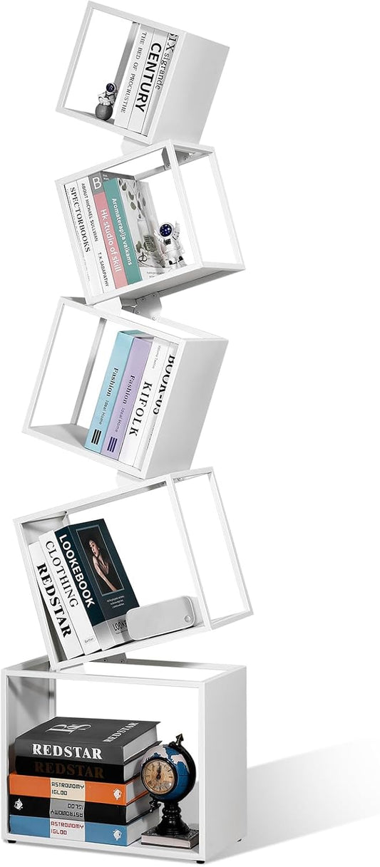 67-Inch 5-Tier Floating Bookshelf – Staggered Geometric Design, Freestanding Metal Storage & Display Rack for Home & Office (White)