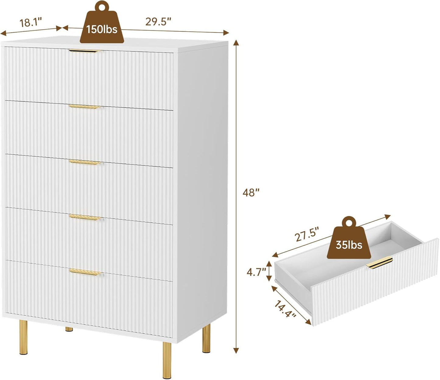 GarveeHome White Dresser, Modern 5 Drawer Dresser for Bedroom with Gold Handle and Large Drawer, Wood Double Chest of Drawers and Storage Organizer for Living Room, Hallway, Entryway