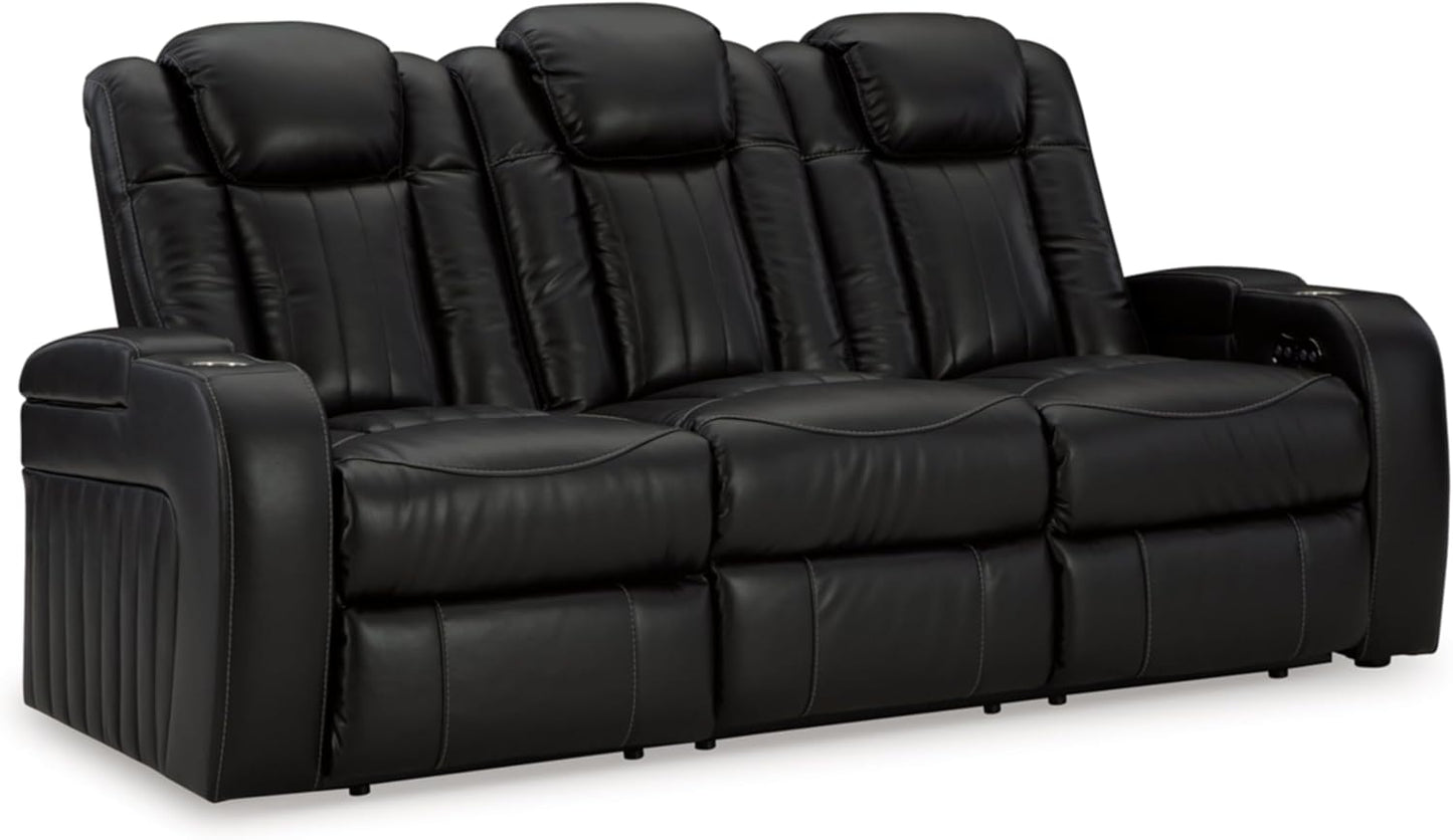 Signature Design by Ashley Caveman Den Modern Faux Leather Power Reclining Sofa with Adjustable Headrest, Drop Down Table, Electrical Outlets and LED Reading Lights, Black