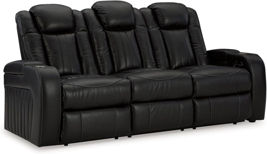 Signature Design by Ashley Caveman Den Modern Faux Leather Power Reclining Sofa with Adjustable Headrest, Drop Down Table, Electrical Outlets and LED Reading Lights, Black