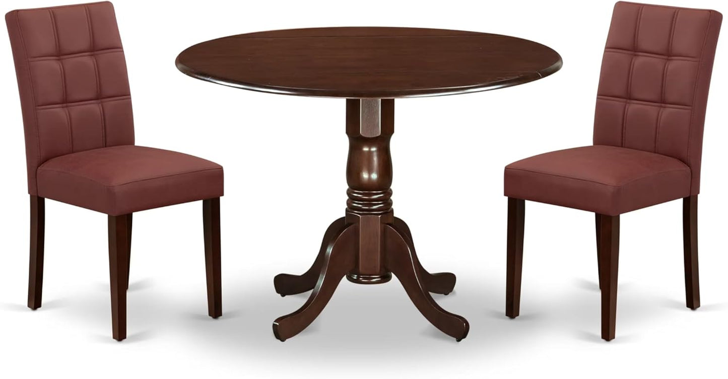 East West Furniture DLAS3-MAH-26 3 Piece Mid Century Modern Dining Table Set contain A Wooden Kitchen Table and 2 Burgundy Polyester Fabric Mid Century Modern Dining Chairs, Mahogany