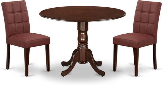 East West Furniture DLAS3-MAH-26 3 Piece Mid Century Modern Dining Table Set contain A Wooden Kitchen Table and 2 Burgundy Polyester Fabric Mid Century Modern Dining Chairs, Mahogany