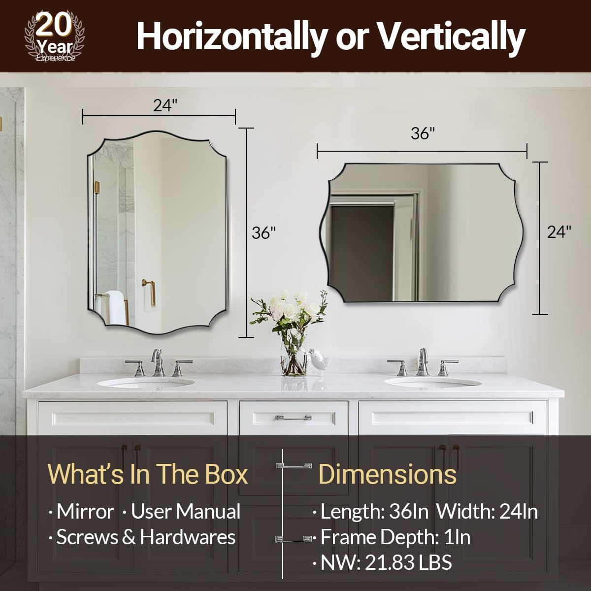 ANDY STAR Chrome Mirror 24x36, Polished Silver Bathroom Mirror, Modern Wavy Mirror with Sophisticated Curved Design, SUS304 Anti-Rust, 1’’ Deep Wall-Mounted Vertically/Horizontally