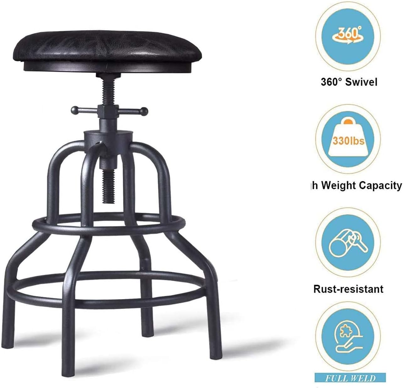 Diwhy Industrial Vintage Counter Stool, Kitchen Counter Height Adjustable Swivel Chair, Metal Frame Stool, 20.47-26.77 Inch, Fully Welded Base, Black PU Upholstered, Set of 2