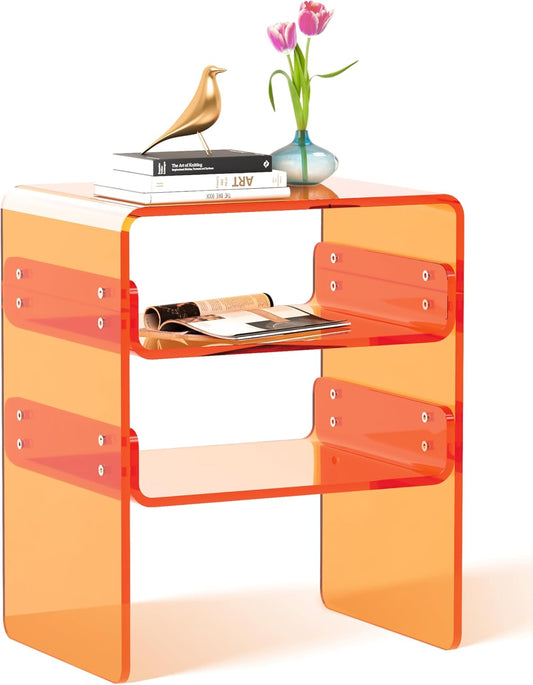 Clear Acrylic 3-Tier End Table/Nightstand – Sleek Bedside Storage with Durable Design, Perfect for Bedrooms, Living Rooms, or Modern Interiors – Ideal as a Bedside Table or Sofa Side Piece (Orange)