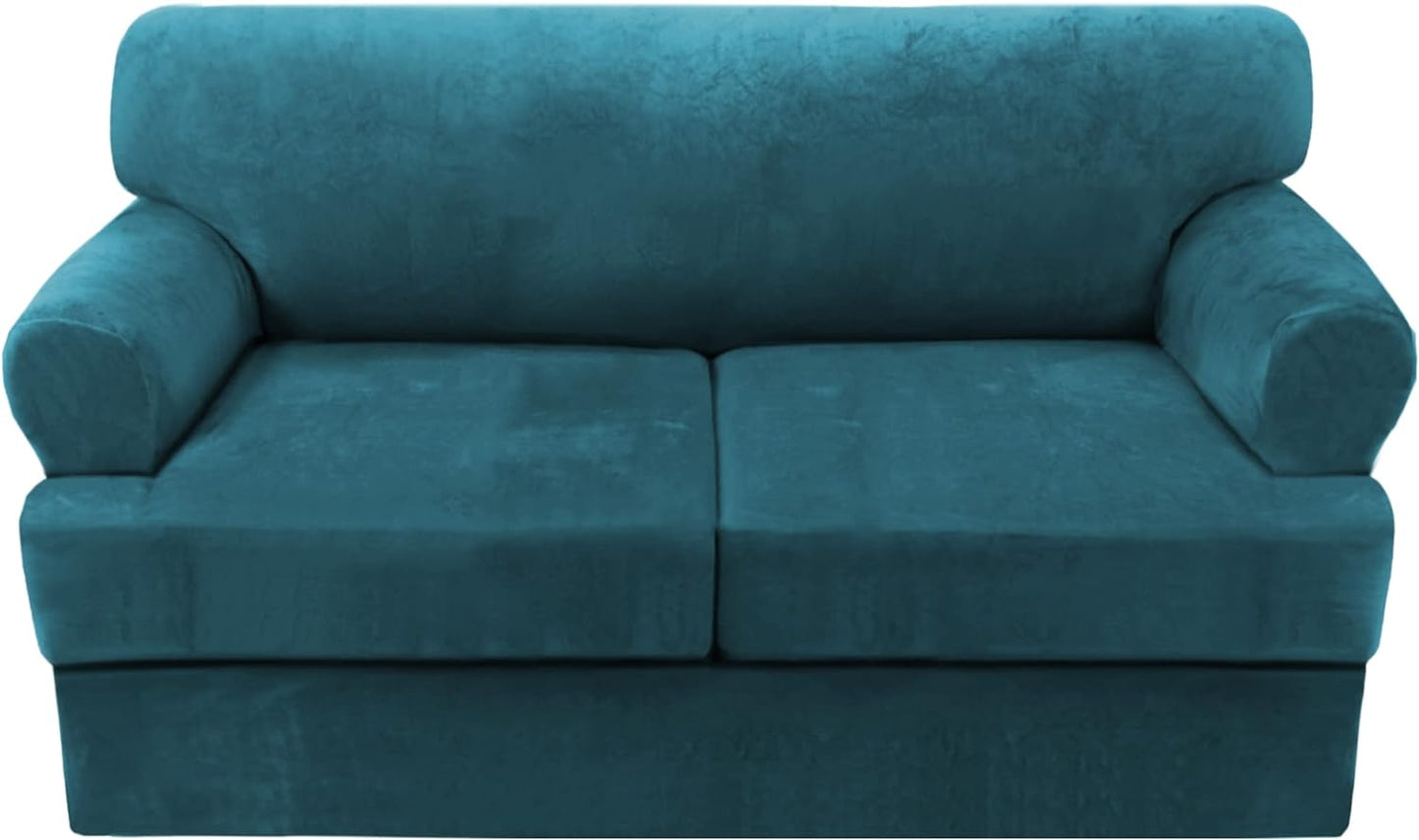 H.VERSAILTEX Sofa Cover 3 Piece T Cushion Loveseat Slipcovers Thick Velvet Couch Cover Furniture Protector Stretch T Cushion Sofa Covers for 2 Cushion Couch with 2 T Cushion Covers Washable, Deep Teal