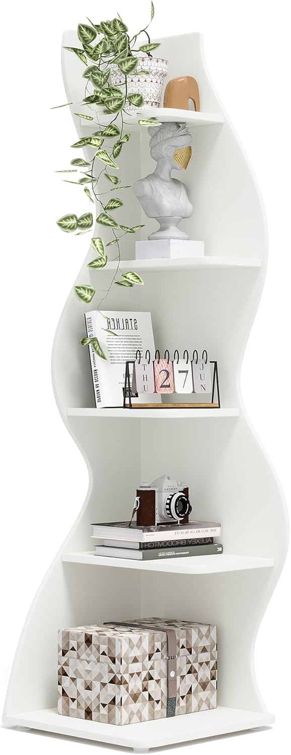 Tribesigns Corner Shelf, Modern 5-Tier Wall Corner Bookshelf, Stylish Corner Small Bookcase Storage Rack Plant Stand with Unique Shape for Living Room, Home Office (White, 1PC)