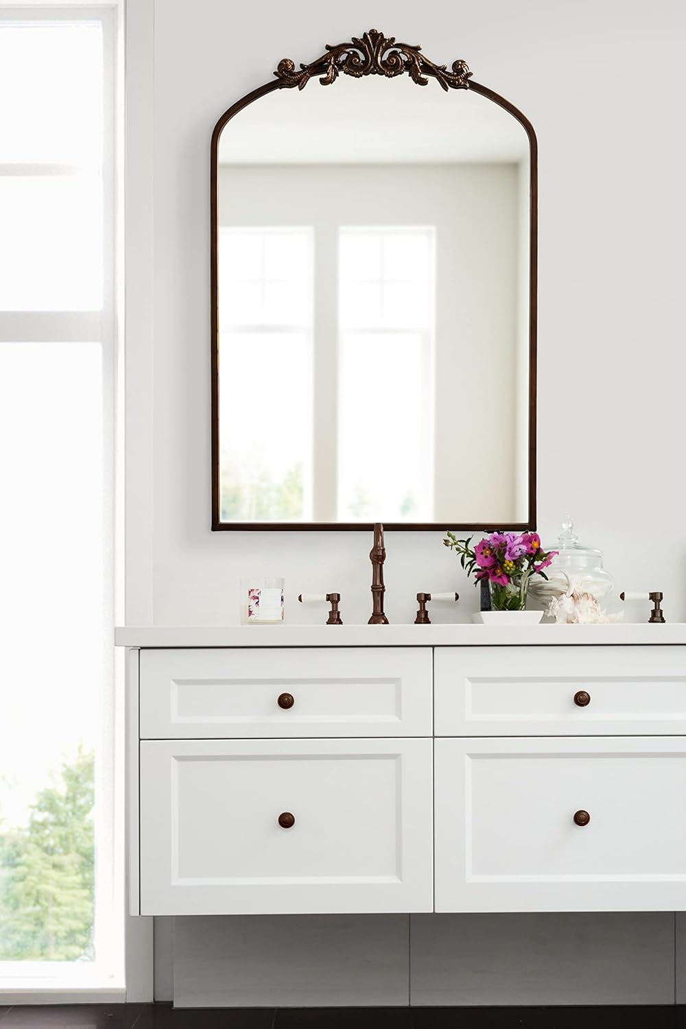 Kate and Laurel Arendahl Ornate Traditional Arched Mirror; 24 x 36; Bronze; Decorative Baroque Style Arched Wall Mirror with Ornamental Crown