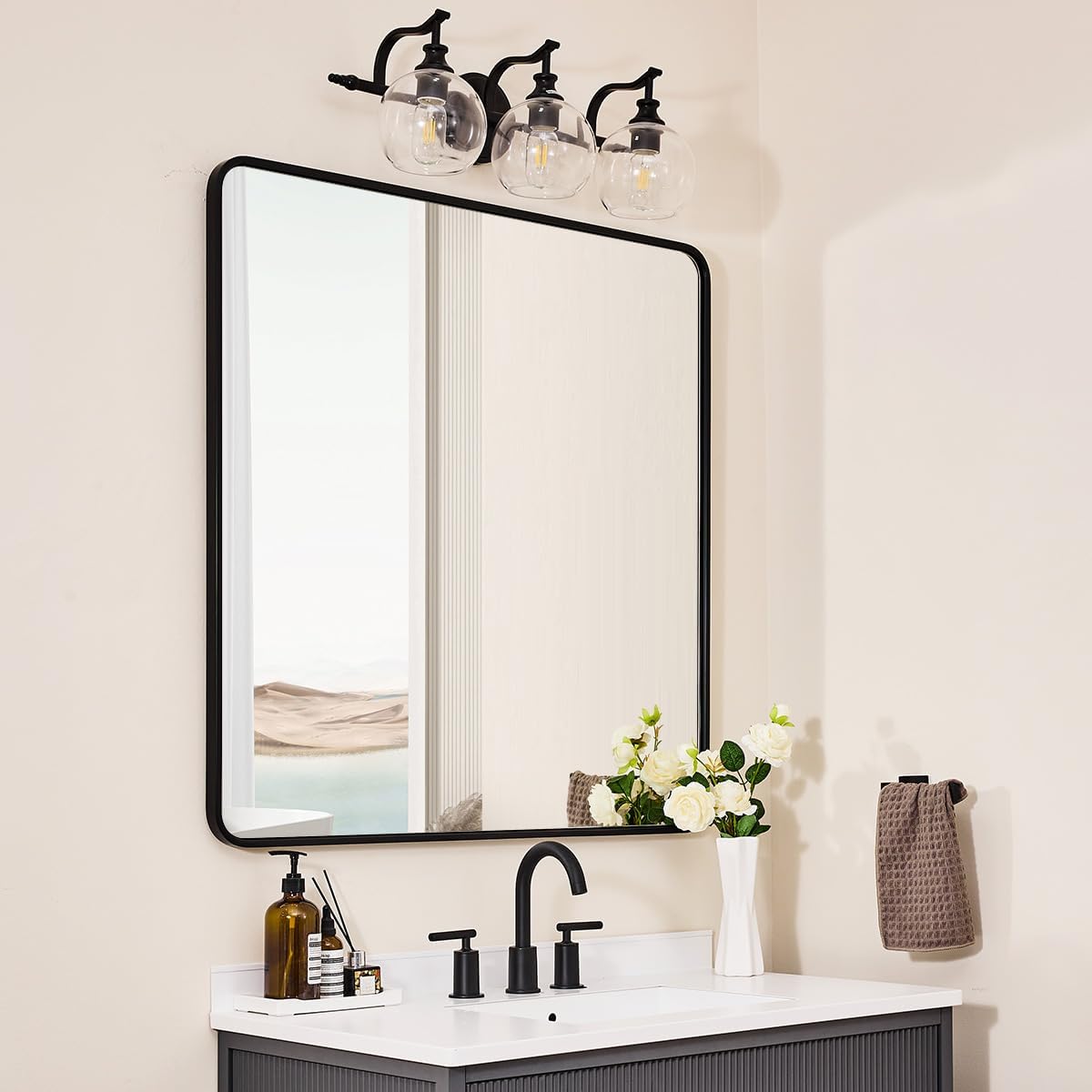 ANDY STAR 36X36 Inch Square Black Bathroom Mirror, Matte Black Vanity Mirrors for Wall, Rounded Square Mirror for Bathroom, Seamless Tube Metal Frame, 1’’ Deep Wall Mounted Vertical/Horizontal