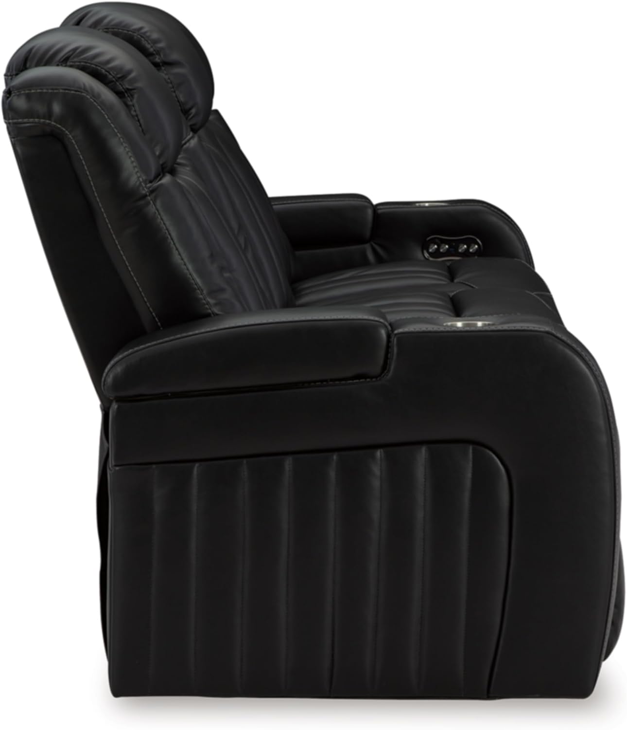 Signature Design by Ashley Caveman Den Modern Faux Leather Power Reclining Sofa with Adjustable Headrest, Drop Down Table, Electrical Outlets and LED Reading Lights, Black