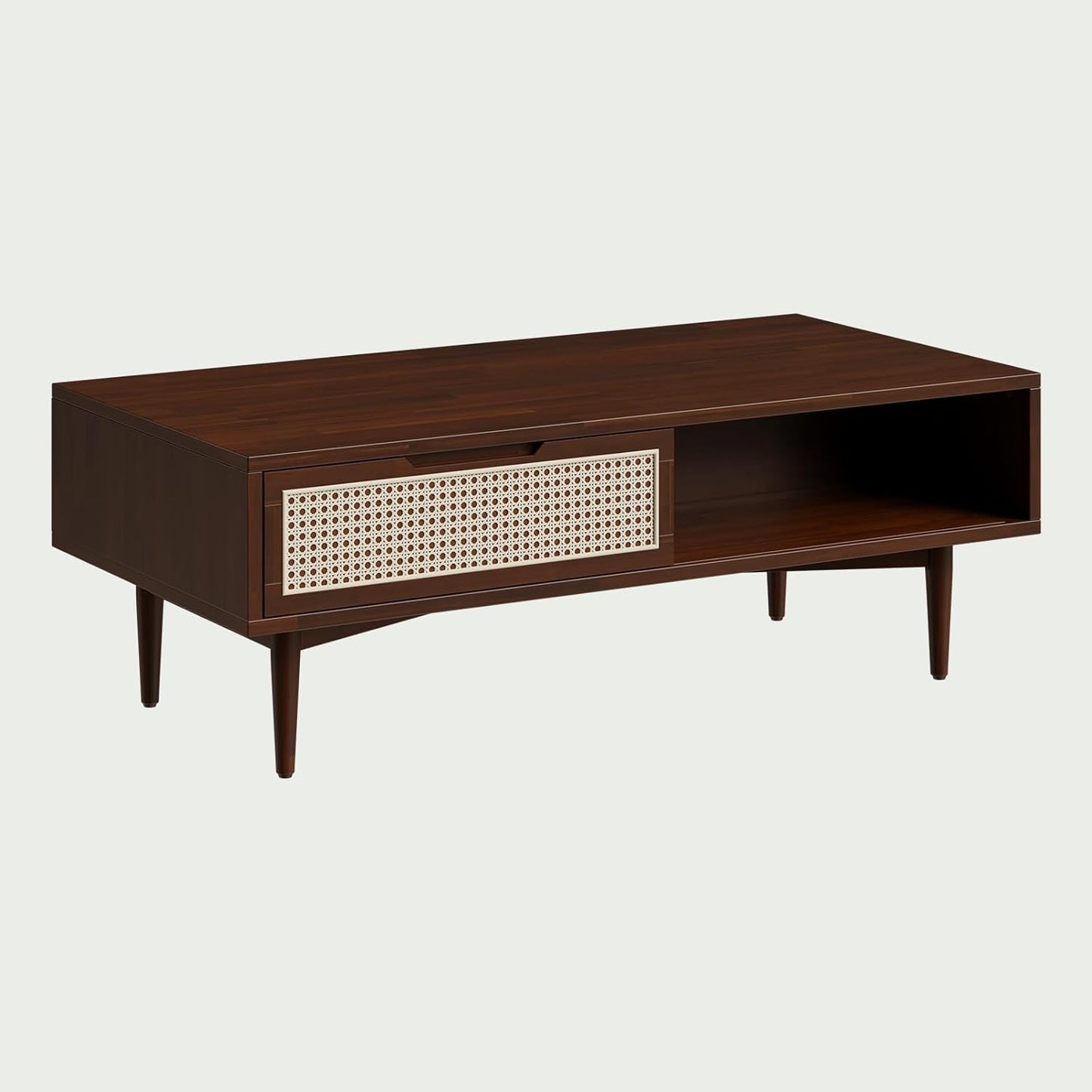 Bme Oliver Coffee Table, Mid Century Modern Coffee Table, Side Table with Storage, 2 Drawers & Open Compartments, Solid Wood Legs with Adjustable Levelers, Rattan Accent for Living Room, Walnut